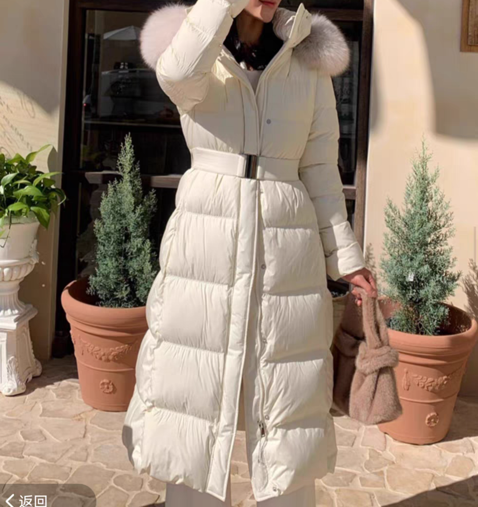 冬季爆款韩版时尚修身版长款连帽狐狸毛女士90鸭羽绒服25001