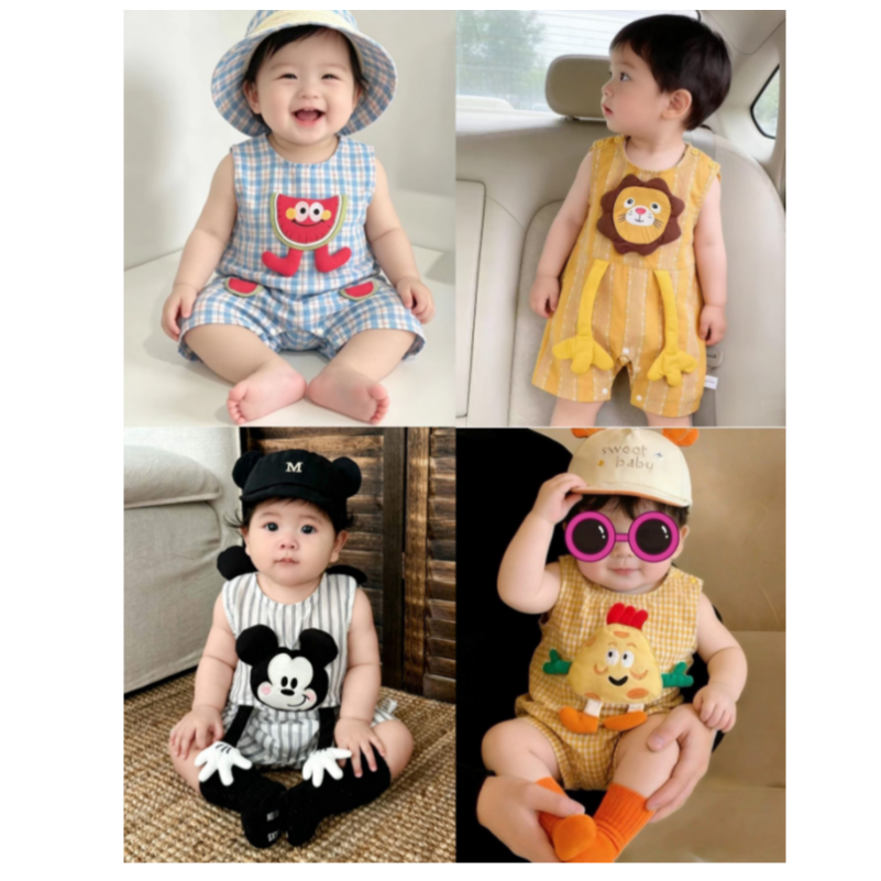 夏季西瓜+芝士小萌怪+长臂狮子婴幼儿薄款无袖男女宝宝哈衣