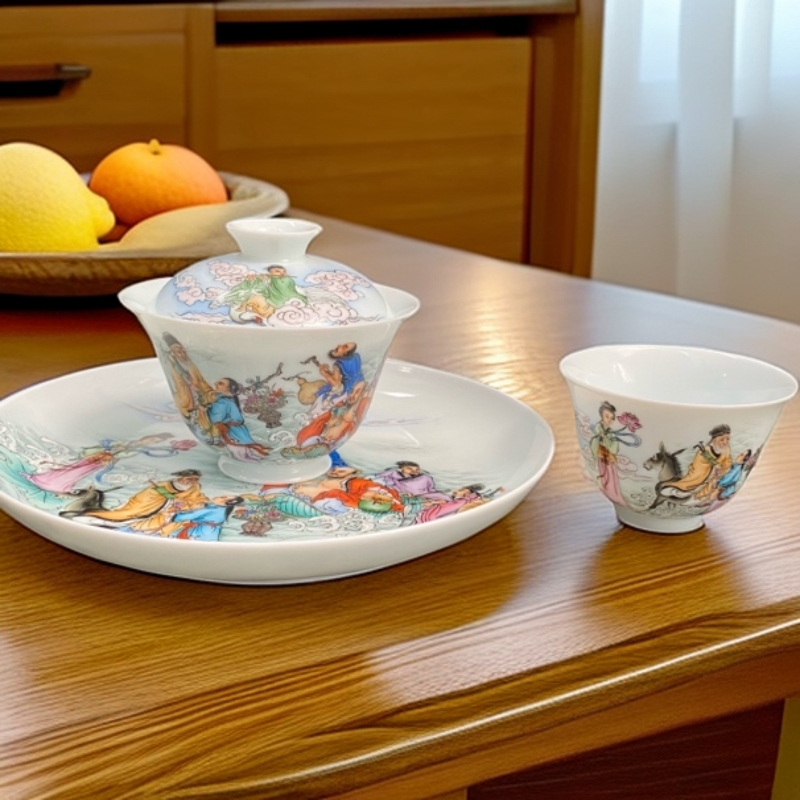 八仙过海壶承盖碗杯子景德镇手工手绘高端釉上彩陶瓷茶具套组