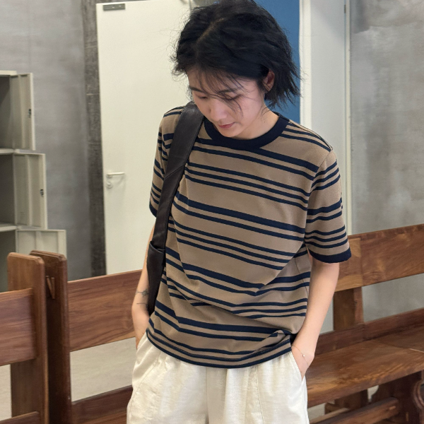 浪清/女装推荐 雪诺戈时尚圆领条纹T恤45185#