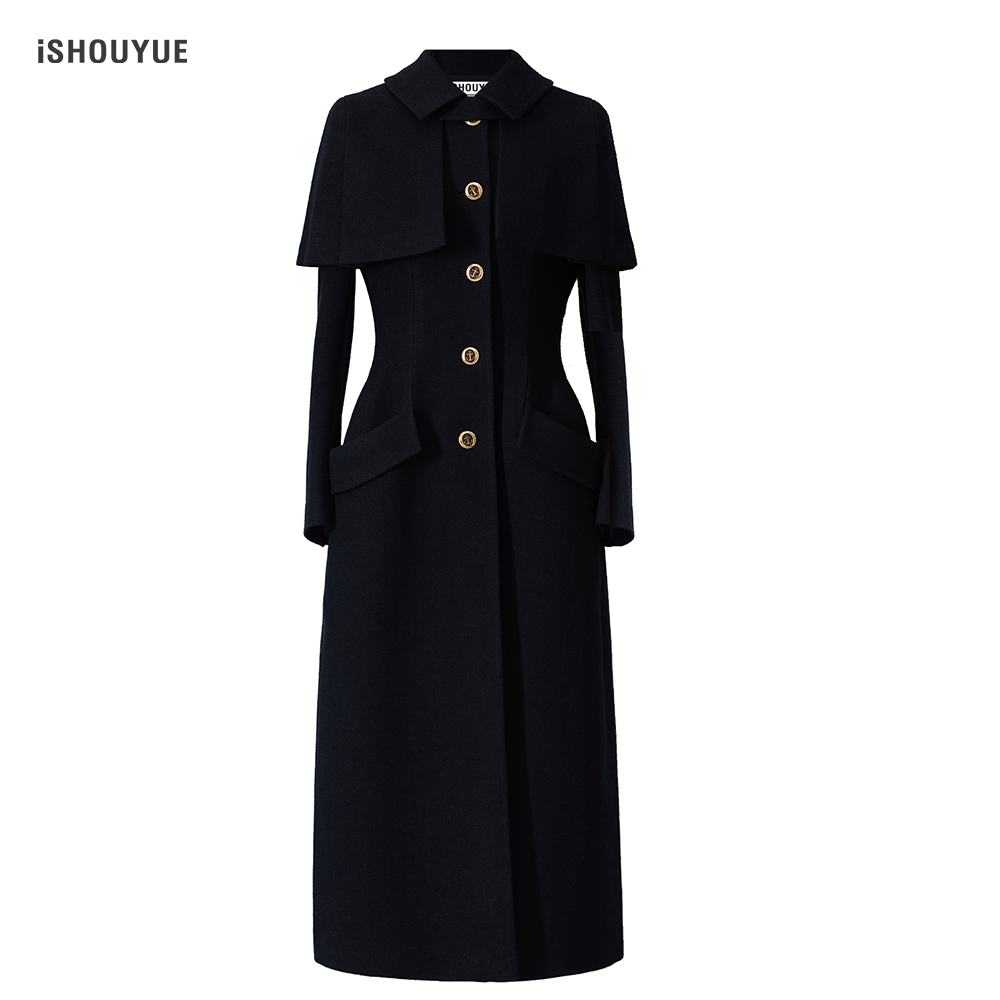 iSHOUYUE · 冬日法兰西收腰可拆卸斗篷礼服大衣黑色羊毛长款外套