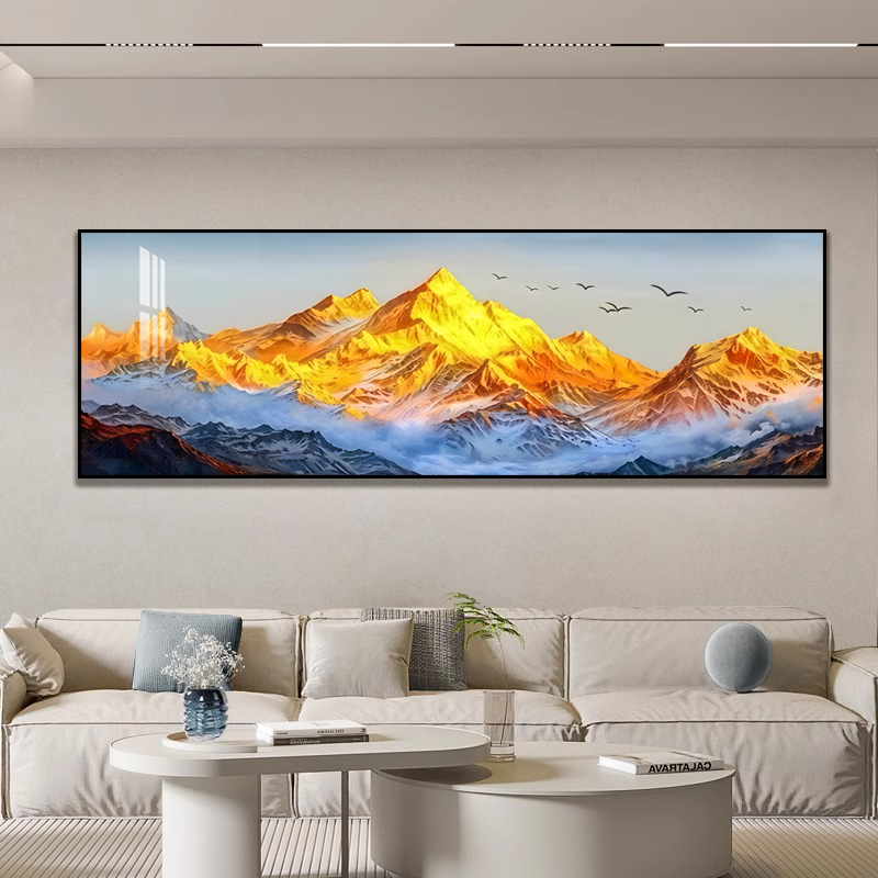 日照金山仿手绘风大气横款单幅装饰画客厅沙发手工晶瓷装饰挂画