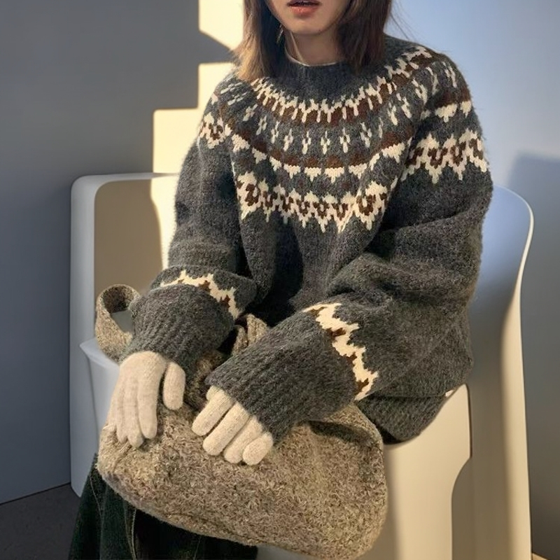 2024新款法式费尔岛针织条纹拼色圆领宽松百搭秋冬冬季毛衣