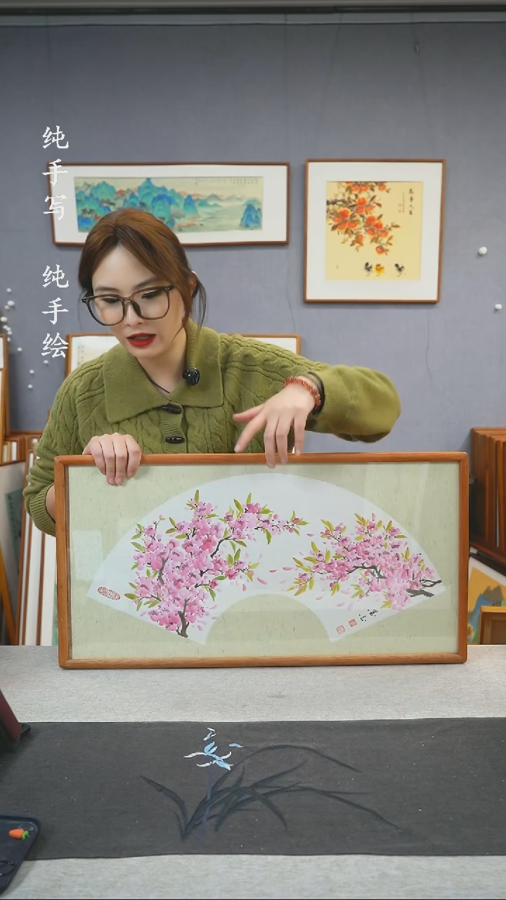 【闪购商品】国画周跃飞-纯手绘带框作品-35*68-桃花