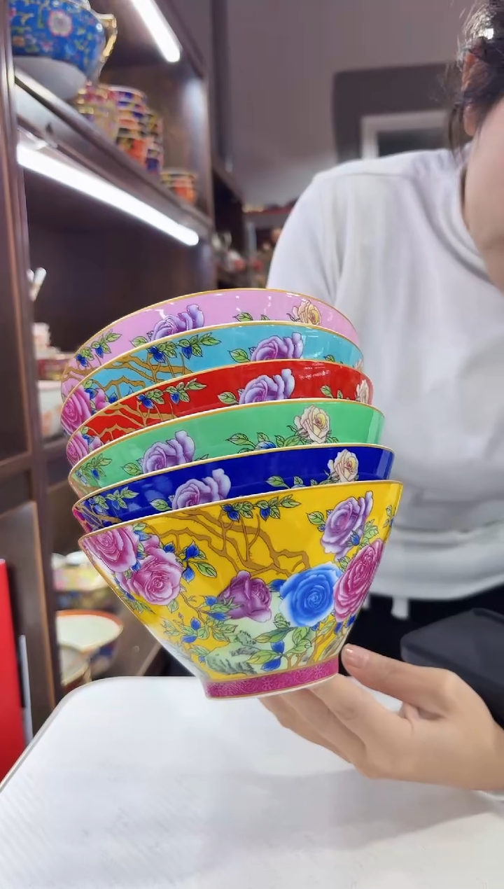 珐琅6英寸斗笠碗6个景德镇陶瓷   