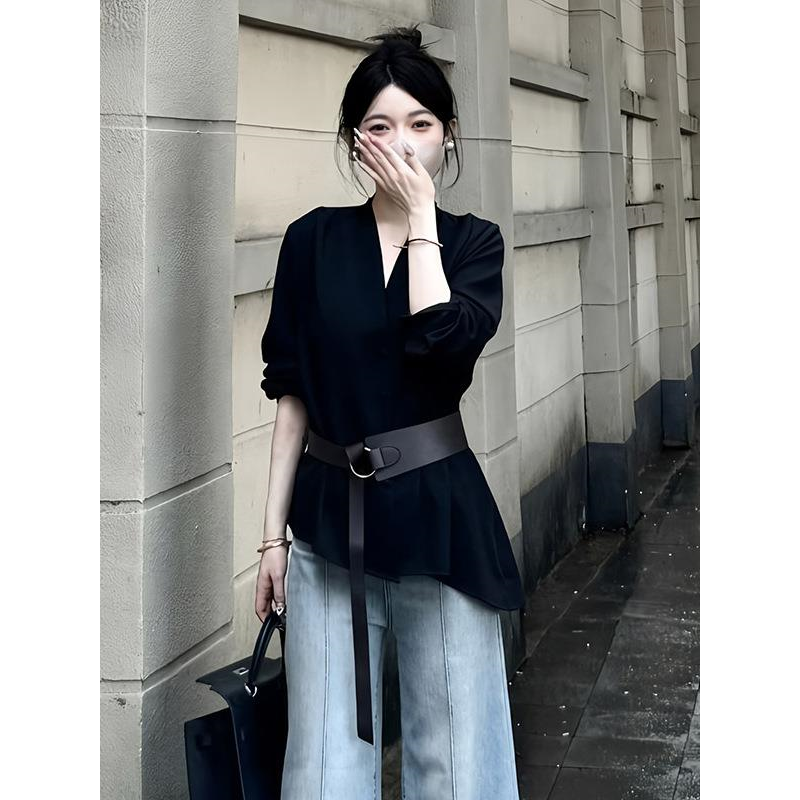 【青青】大码气质v领长袖衬衫女秋季2025胖mm显瘦黑色小衫上衣10037