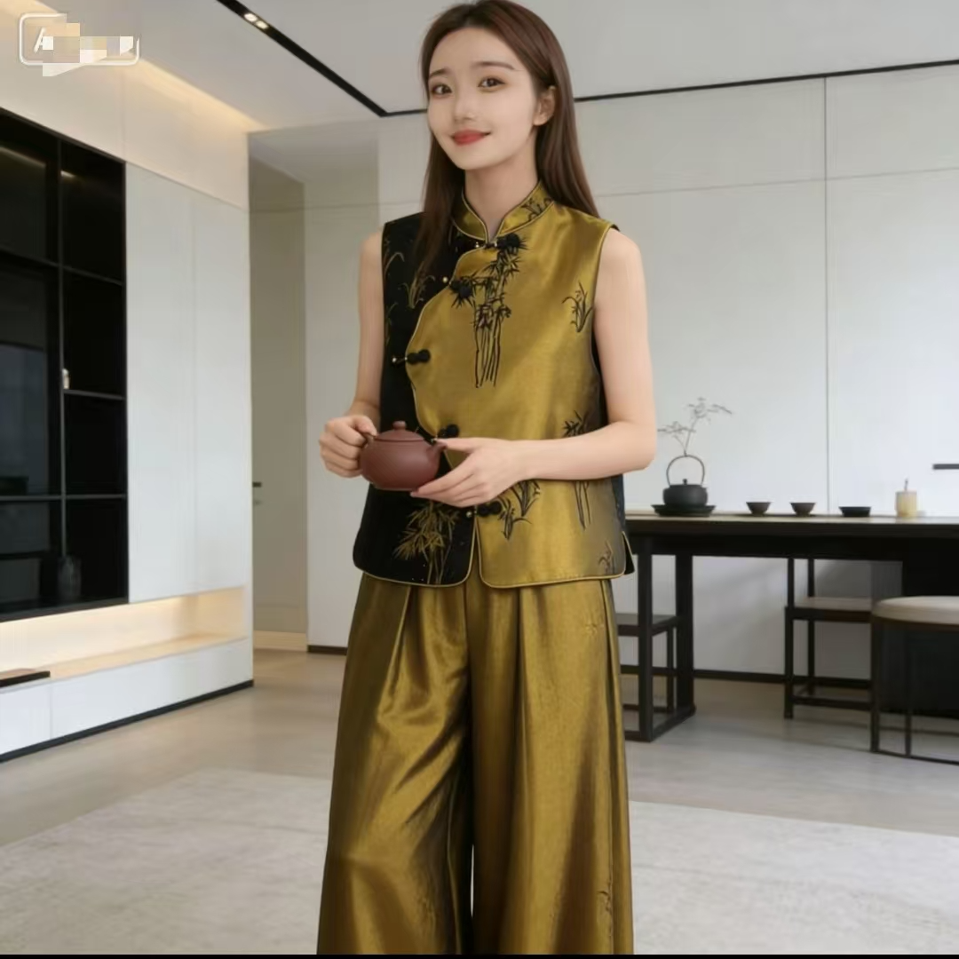 墨竹金影｜新中式黑金拼接马甲时尚国风立领盘扣坎肩