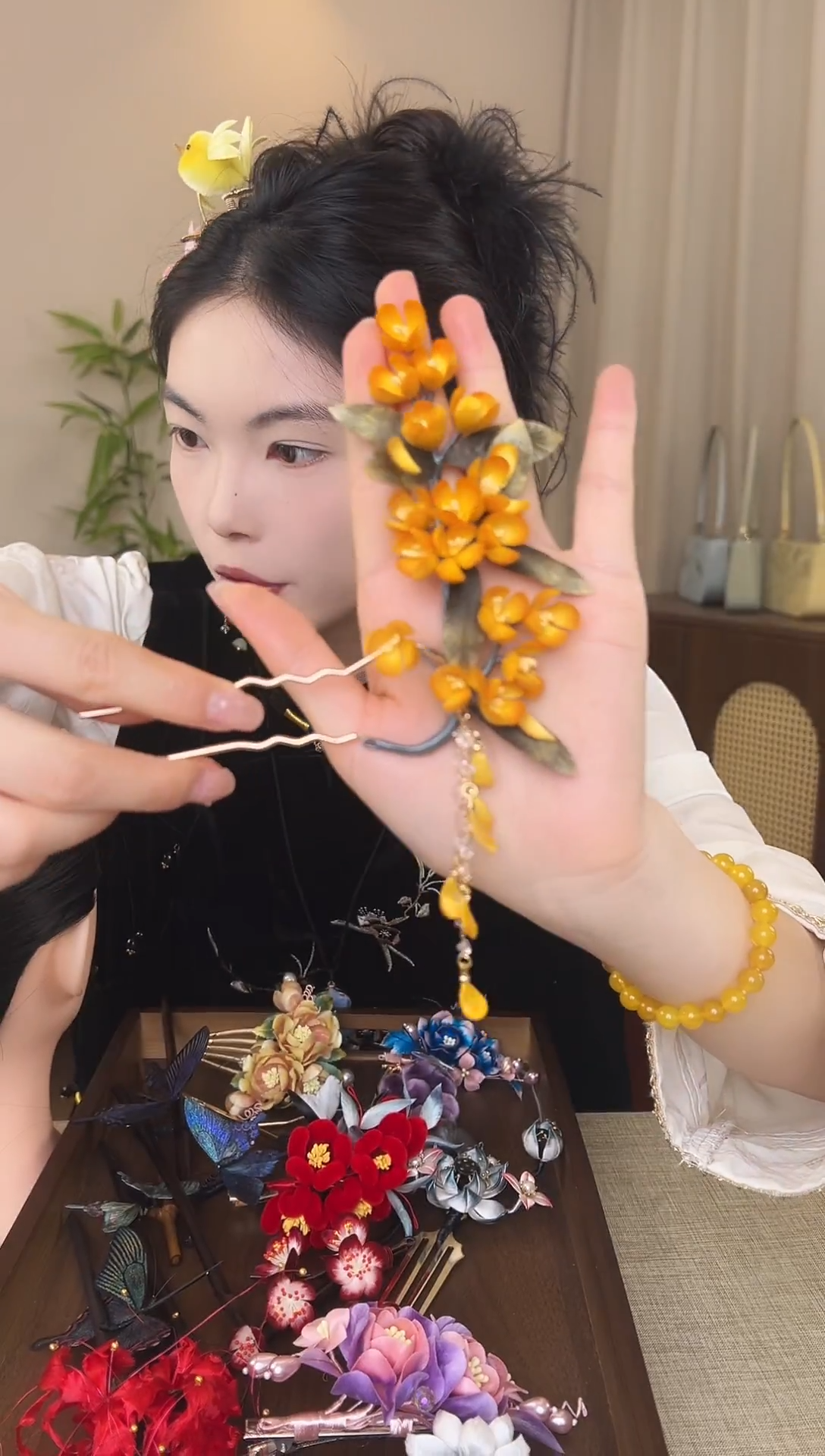 刺绣桂花绒花发钗