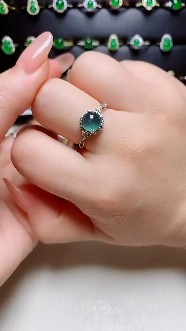 翡翠戒指银S925镶嵌天然翡翠s925银镶嵌