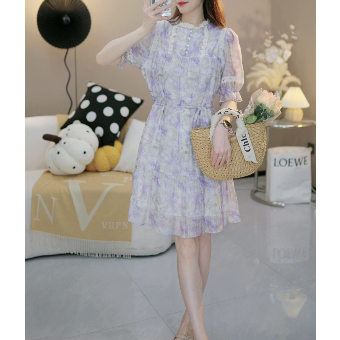 【X070】夏季新款紫色碎花仙女裙宽松减龄短袖连衣裙X070