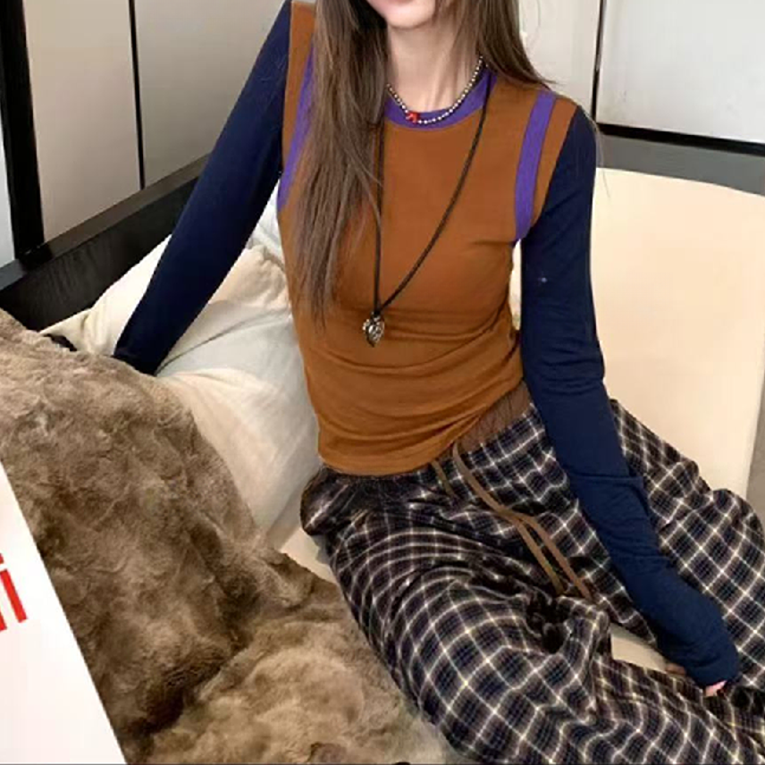 【晨浠定制】新款高级撞色拼接上衣9125