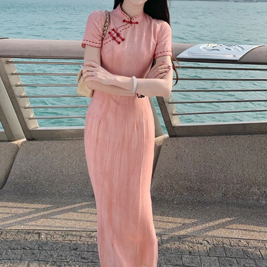 凤仙粉纯色新中式旗袍裙条纹短袖丝麻旗袍夏季新款