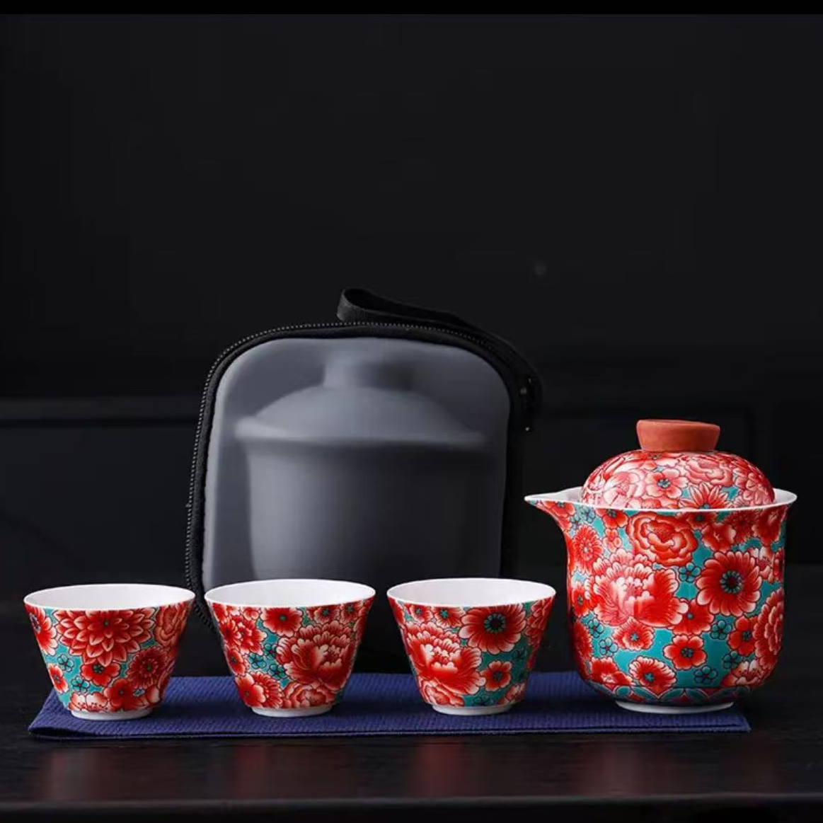 YS371-红花旅行茶具车载高档户外陶瓷中式国潮便携式珐琅彩