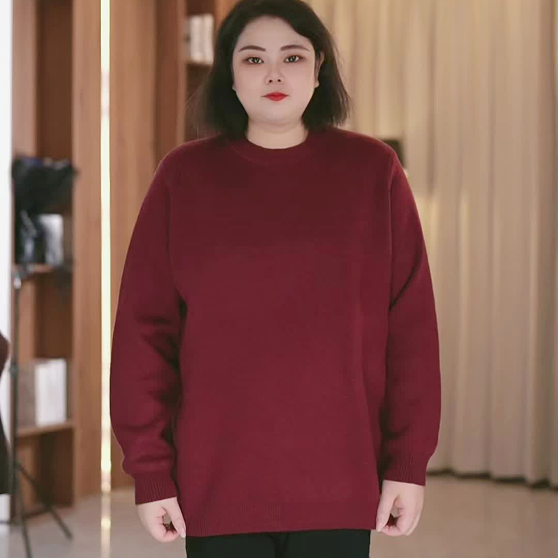 超厚加绒冬季大码女百搭长袖圆领经典毛衣针织衫宽松减龄套头款