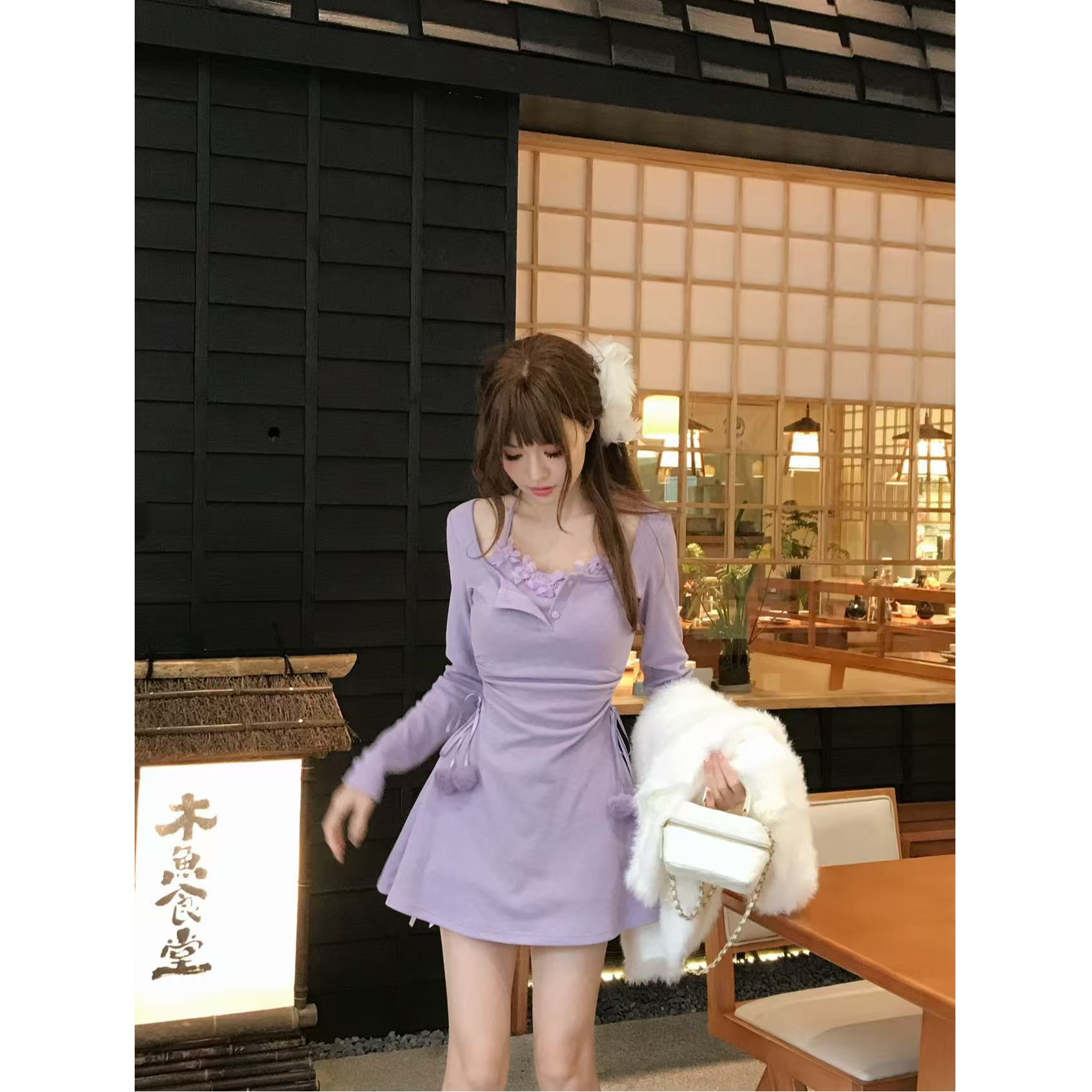 【QIANJIN】‘紫藤之恋’法式秋冬度假甜美显瘦收腰连衣裙QL86366