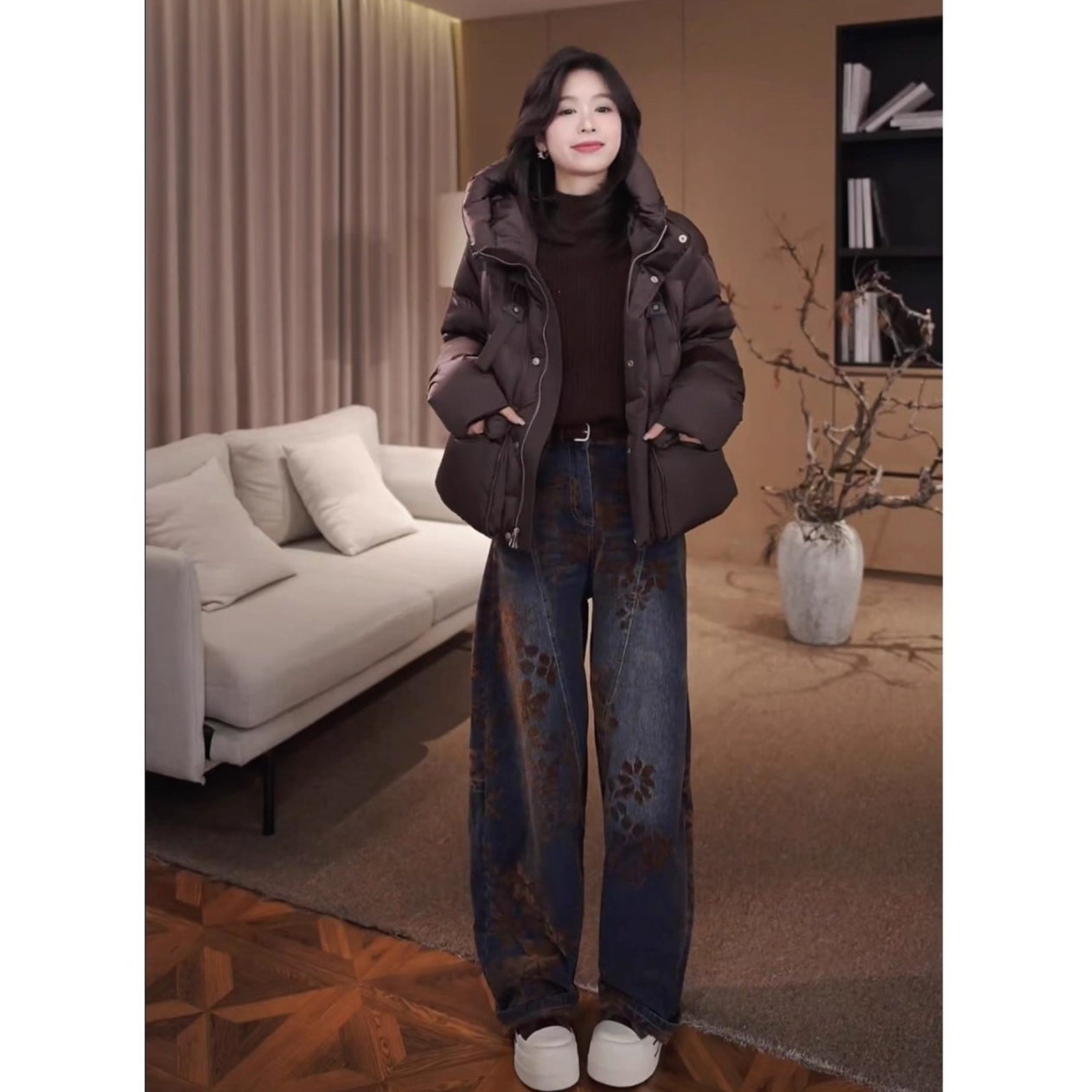 广州琴姐【花漾牛仔】加绒加厚提花高腰宽松阔腿牛仔裤子女冬 35614