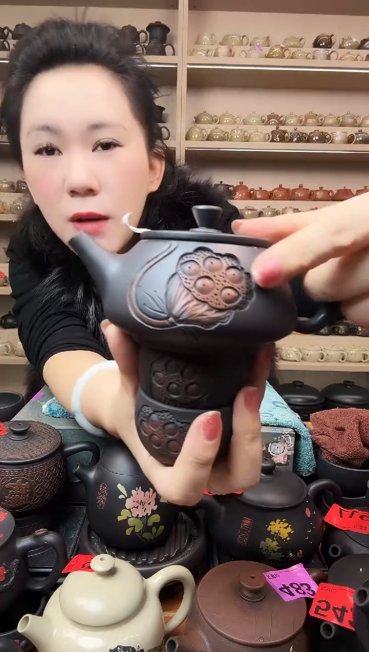 壶半雕莲蓬石瓢+2莲蓬杯 