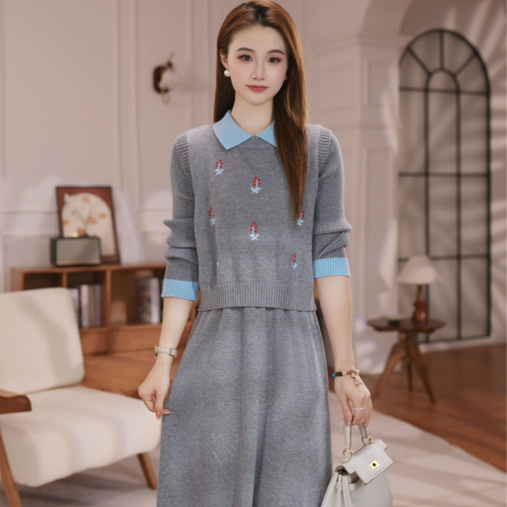 秋冬打底减龄休闲风轻熟风街头风时尚套装连衣裙长袖时尚针织