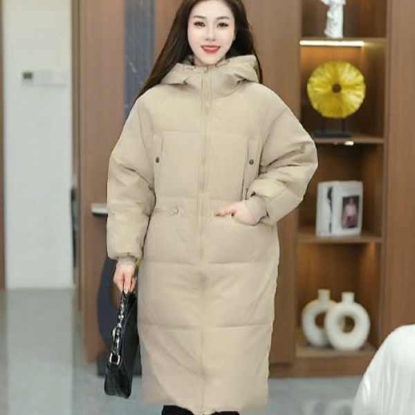 221女士新款时尚中长款宽松连帽横拉链棉服