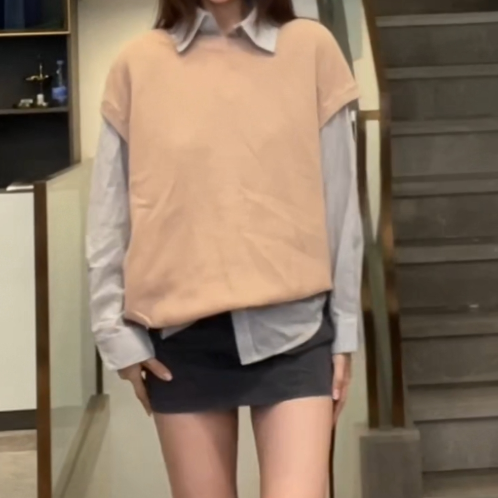 秋冬新款卡其色条纹衬衫马甲套装