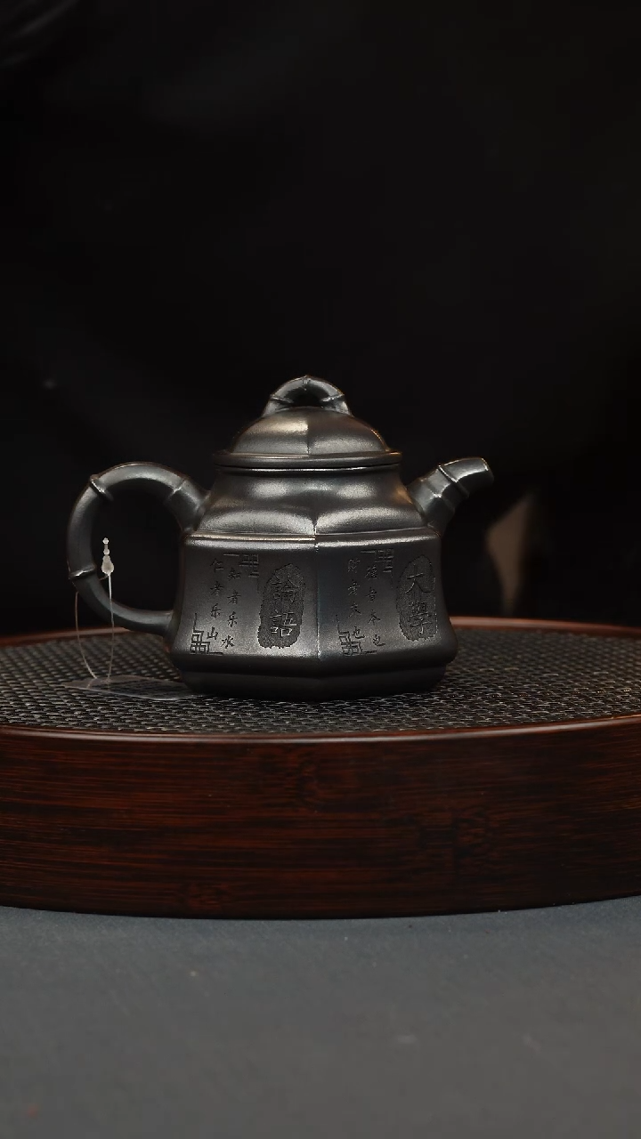 【闪购商品】紫砂茶壶石黄 六方竹鼎 刻绘