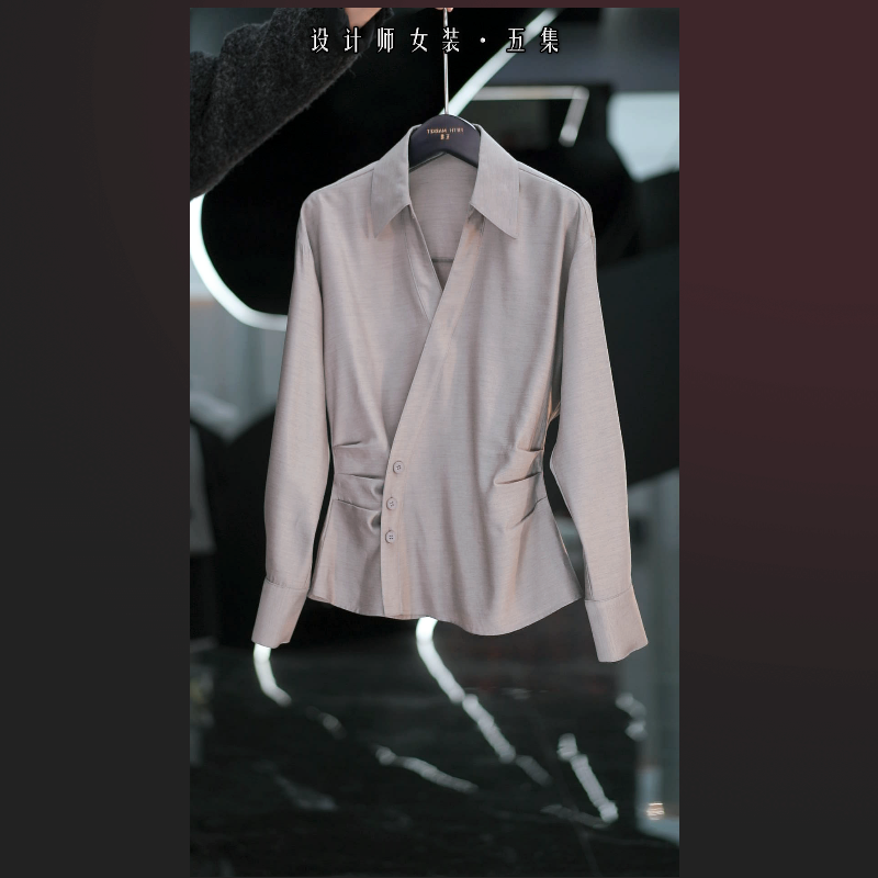 五集 精纺丝光羊毛 春款立裁显瘦系绳气质款V领收腰衬衫S6344