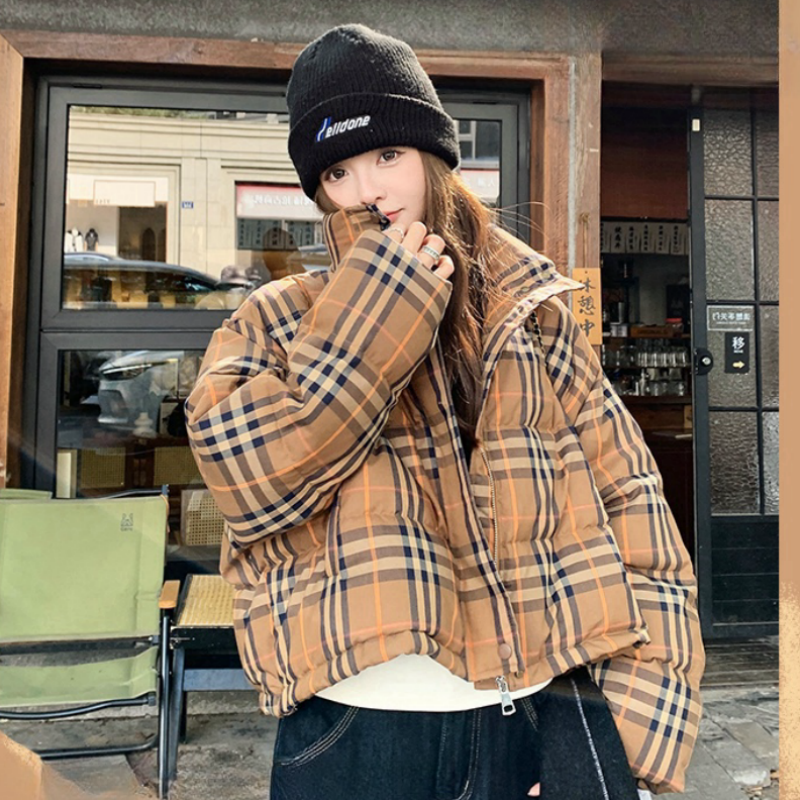 冬季加厚短款韩版宽松百搭棉服外套女 2025年新款通勤风格子拼接