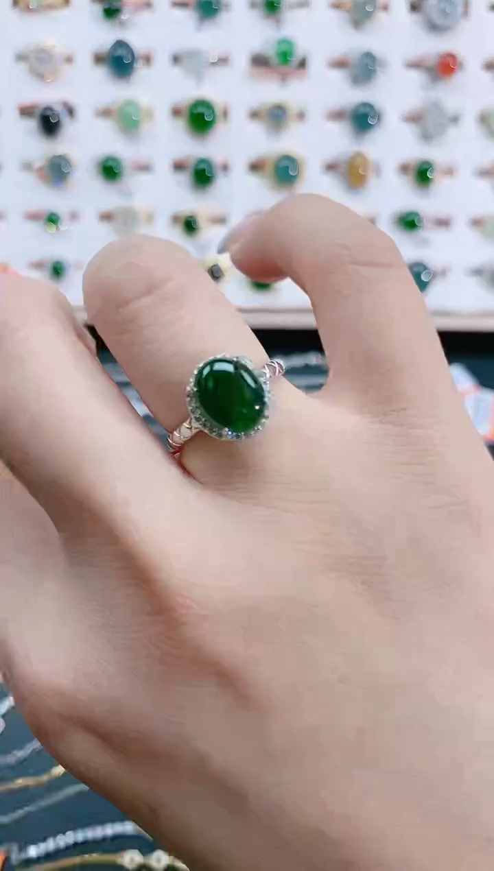 翡翠戒指银S925镶嵌天然翡翠
