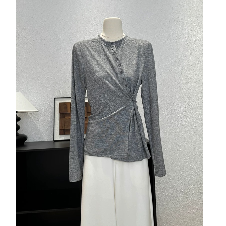 韩2025不规则纽扣收腰修身长袖T恤