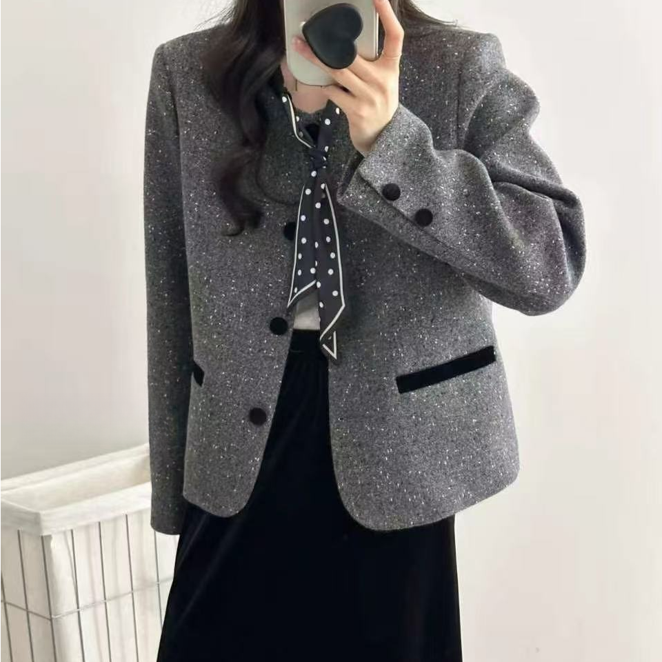 【锦衣服饰】WNSD 835韩系丝巾圆领香风外套