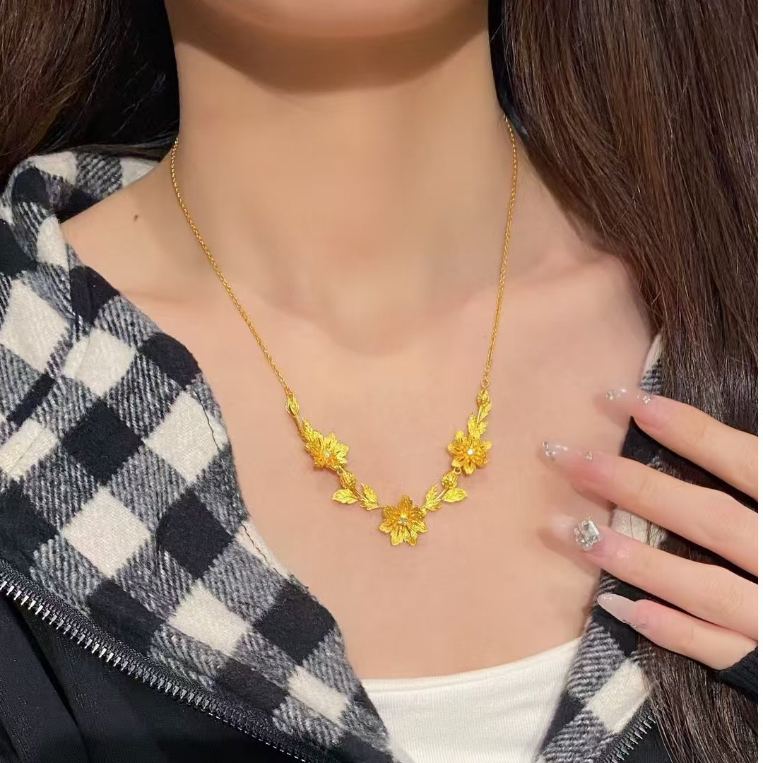 足金999古法金套链婚嫁首饰一花一叶繁花轻奢时尚百搭百搭