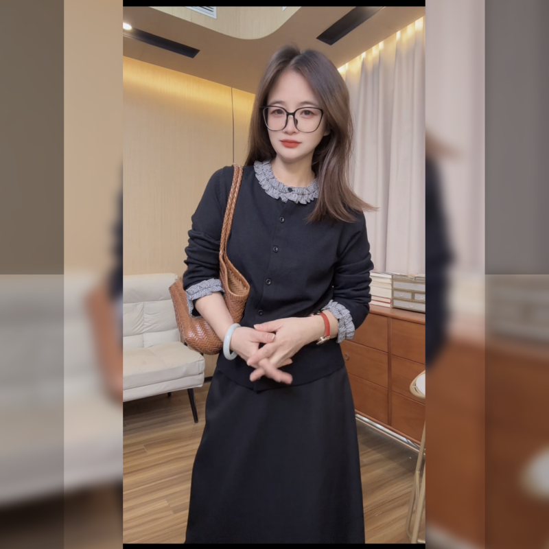 开衫款格子拼接收腰秋季长袖气质显瘦毛针织衫针织拼接0115