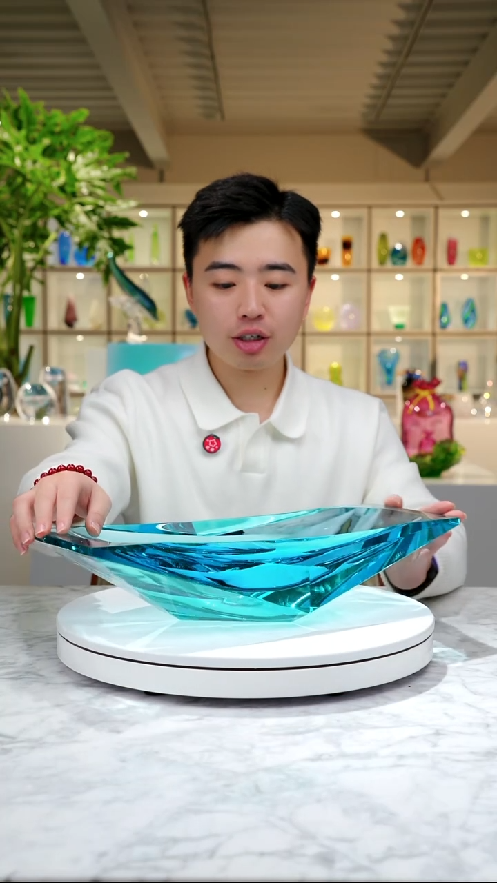 摆件湖水蓝切面冰壶果盘+大号底座