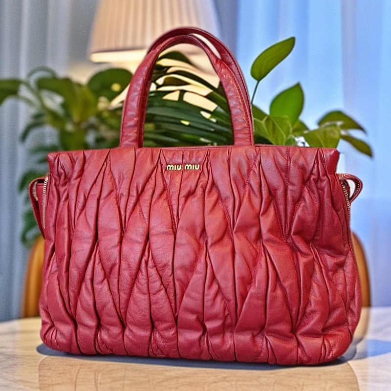 95新 MIU MIU/缪缪  红色褶皱手提包 1216 7218 
