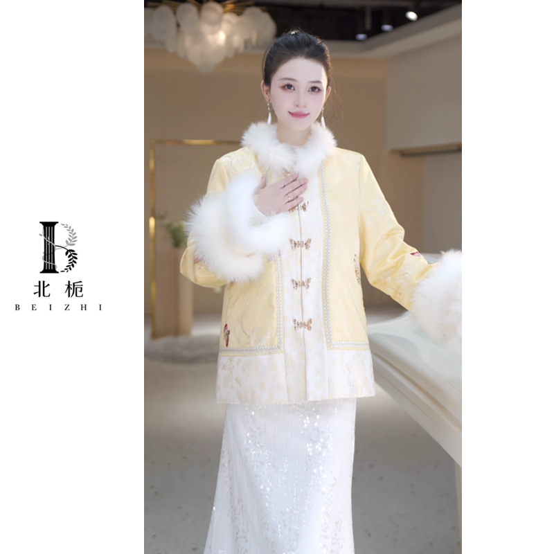 【北栀】【黄金战衣】国风绣花狐狸毛羽绒服813656