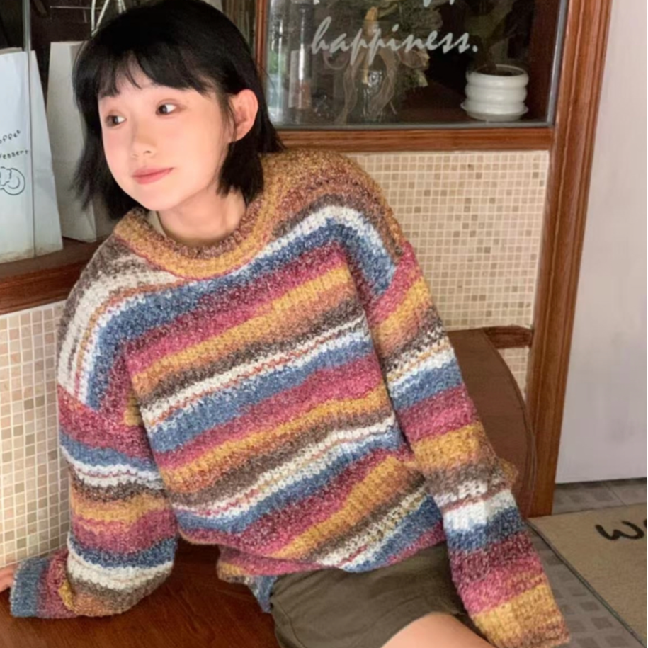 呆呆姐 美式复古彩虹撞色条纹针织圆领毛衣！真的超软糯