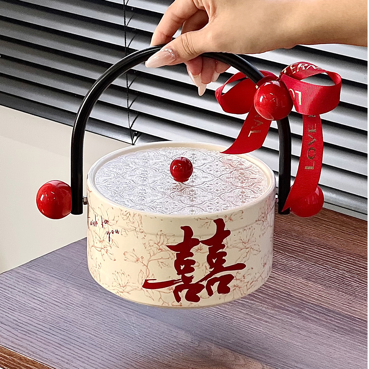 喜庆喜糖糖果盒带盖干果盘坚果盘结婚乔迁新居高颜值红色双喜果盘