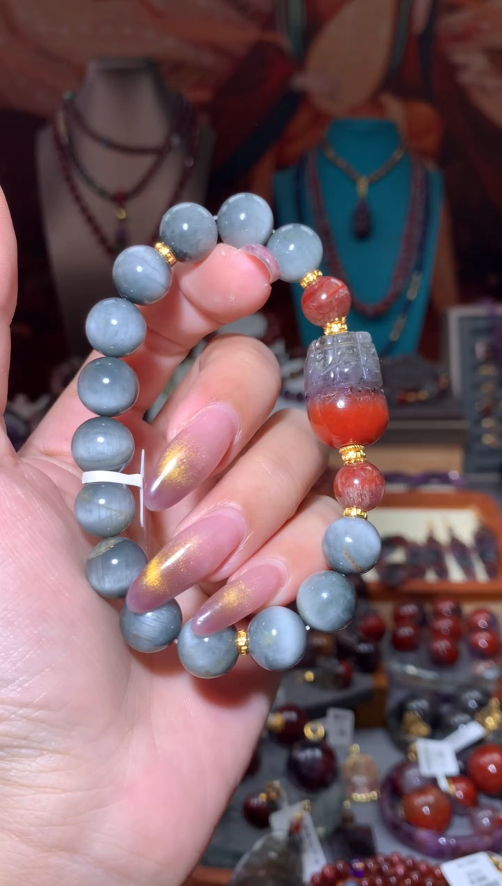 未镶嵌珠宝半成品水晶蓝灰兔毛红极光貔貅DIY手串