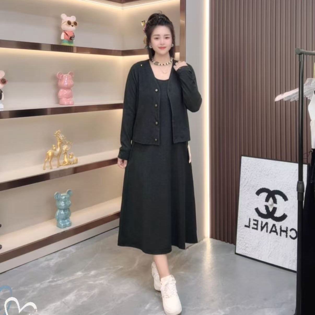 秋季新款大码女装两件套时尚洋气长袖开衫外套搭配背心裙连衣裙