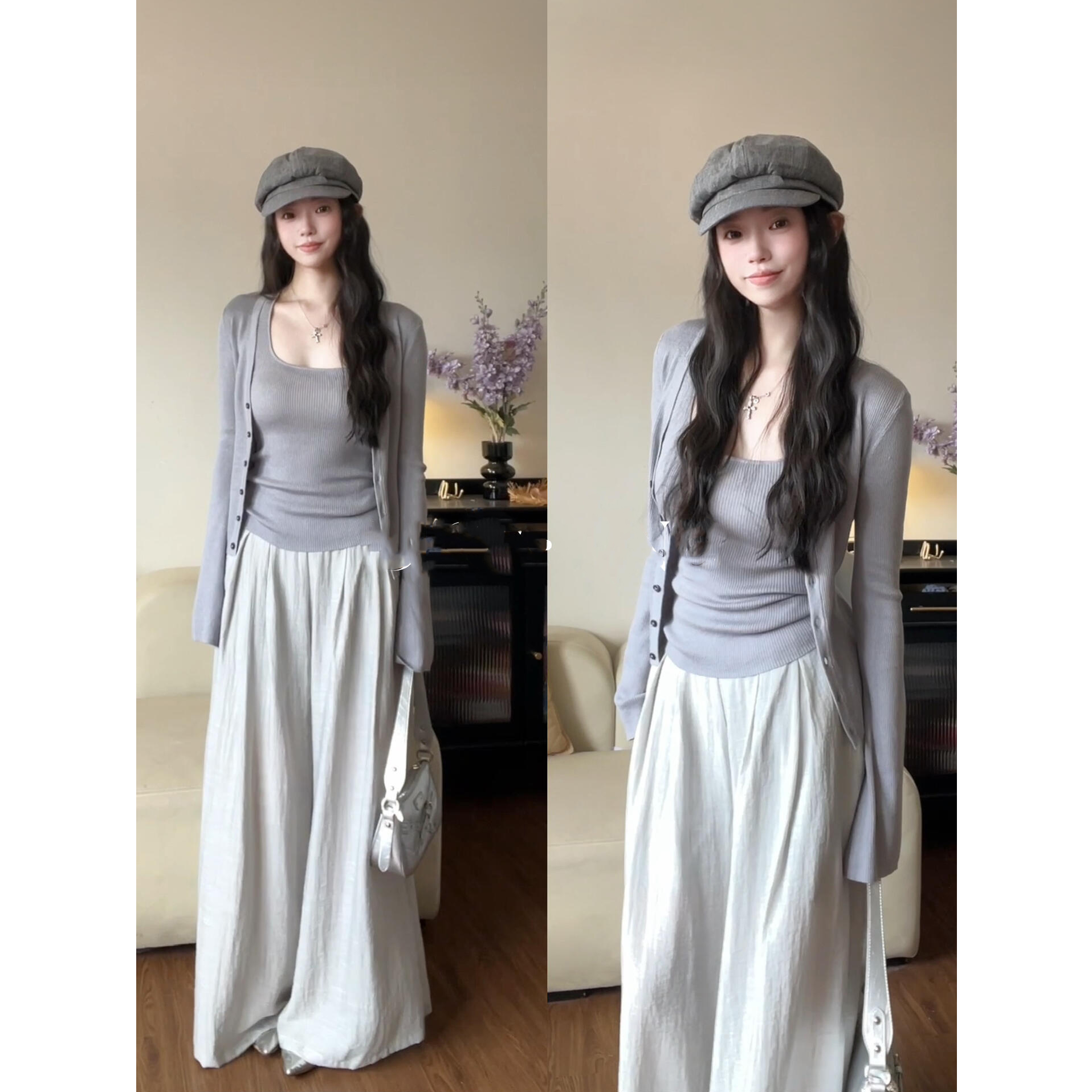 2025春秋针织开衫外套女长袖套装薄款挂脖背心紫色设计感两件套装