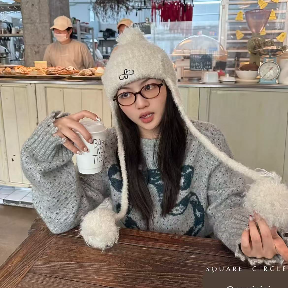 Square Circle方圆新年圣诞蝴蝶结图案提花袖口毛衣宽松慵懒