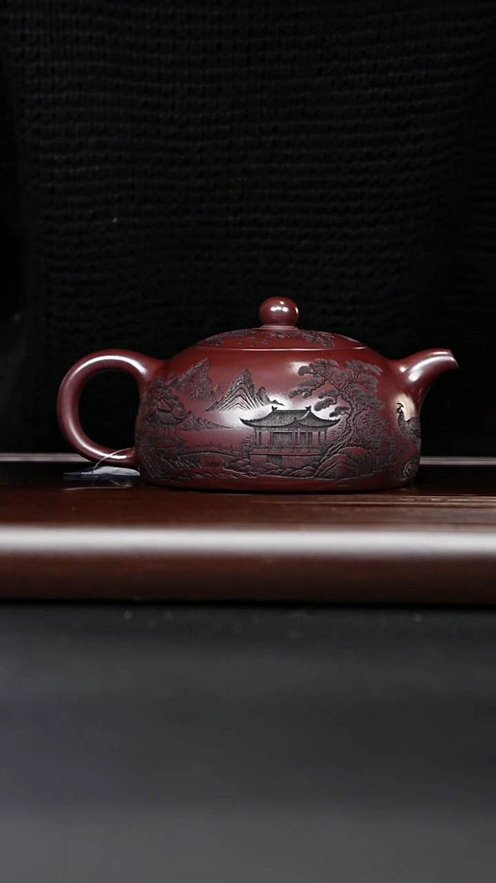 紫砂壶宜兴紫砂 亭台半月 铁血石红砂 李恒阳 380cc