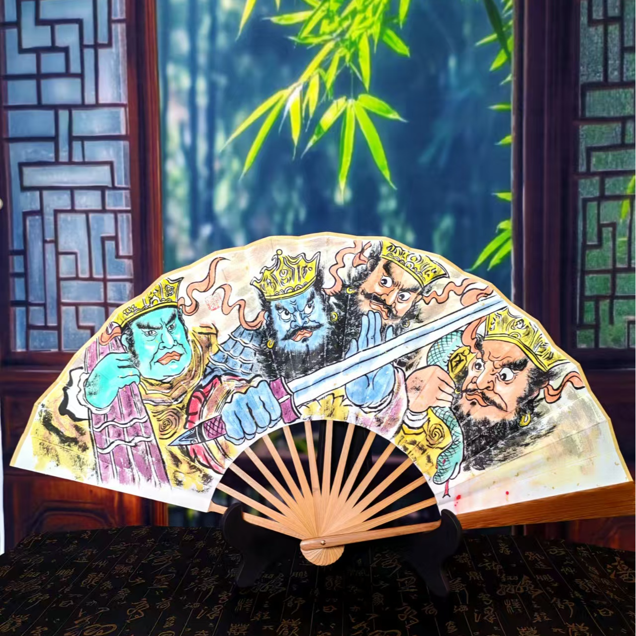 手绘四大天王十寸十五方头青油竹文玩折扇中国画