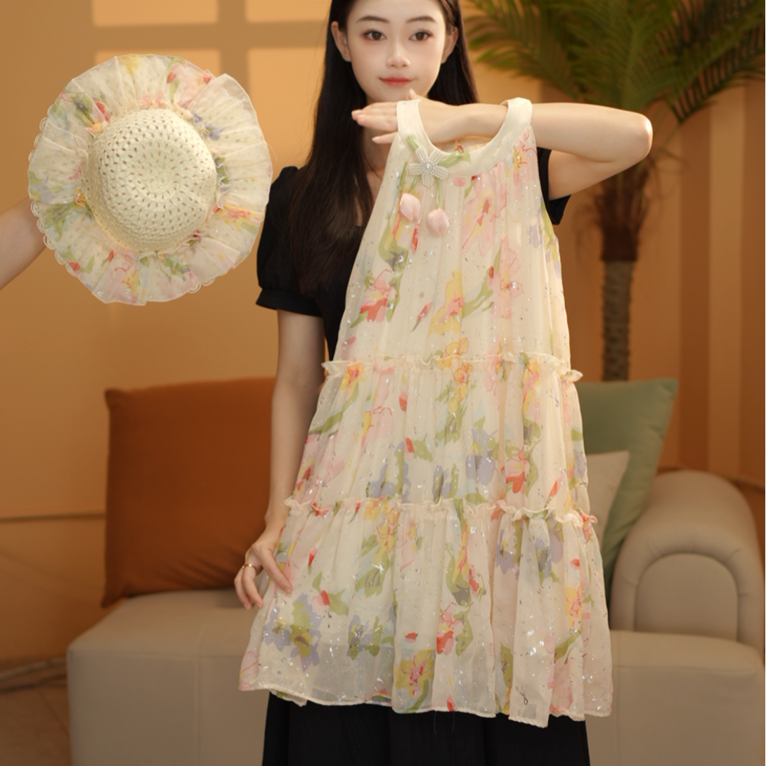 女童连衣裙2025夏季新款甜美小飞袖花海女孩连衣裙测2