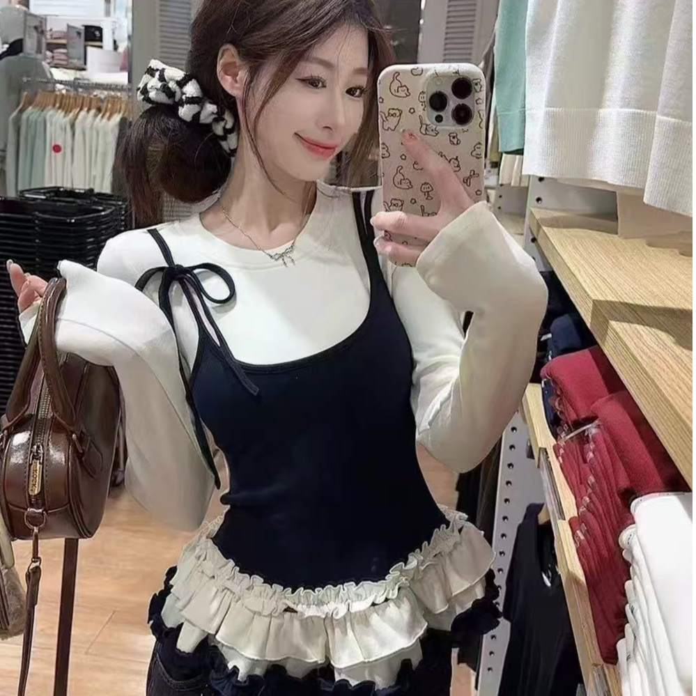 【大美家】2025春款假2件可爱菲边娃娃衫9696
