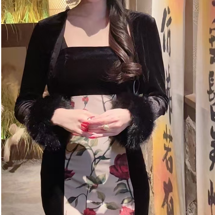 宋宋中式   性感玫瑰显瘦丝绒旗袍