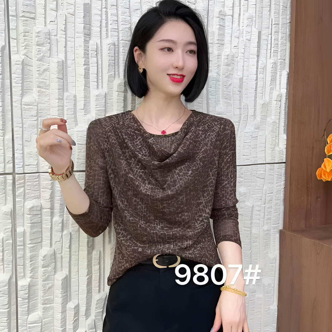 2025年早秋新款时尚堆堆领修身印花T恤修身上衣#9807