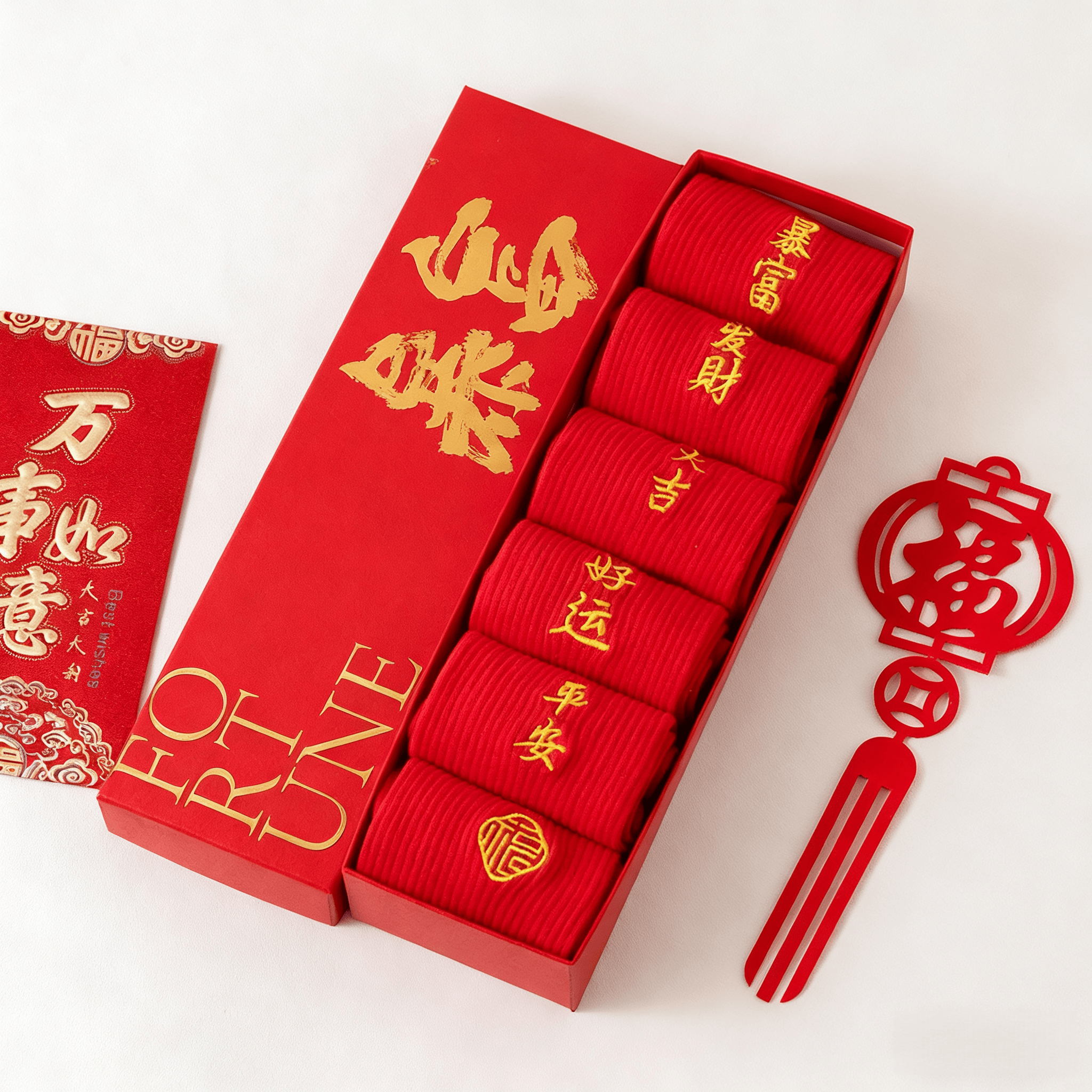 手工刺绣新年红袜子情侣款中筒本命年袜子