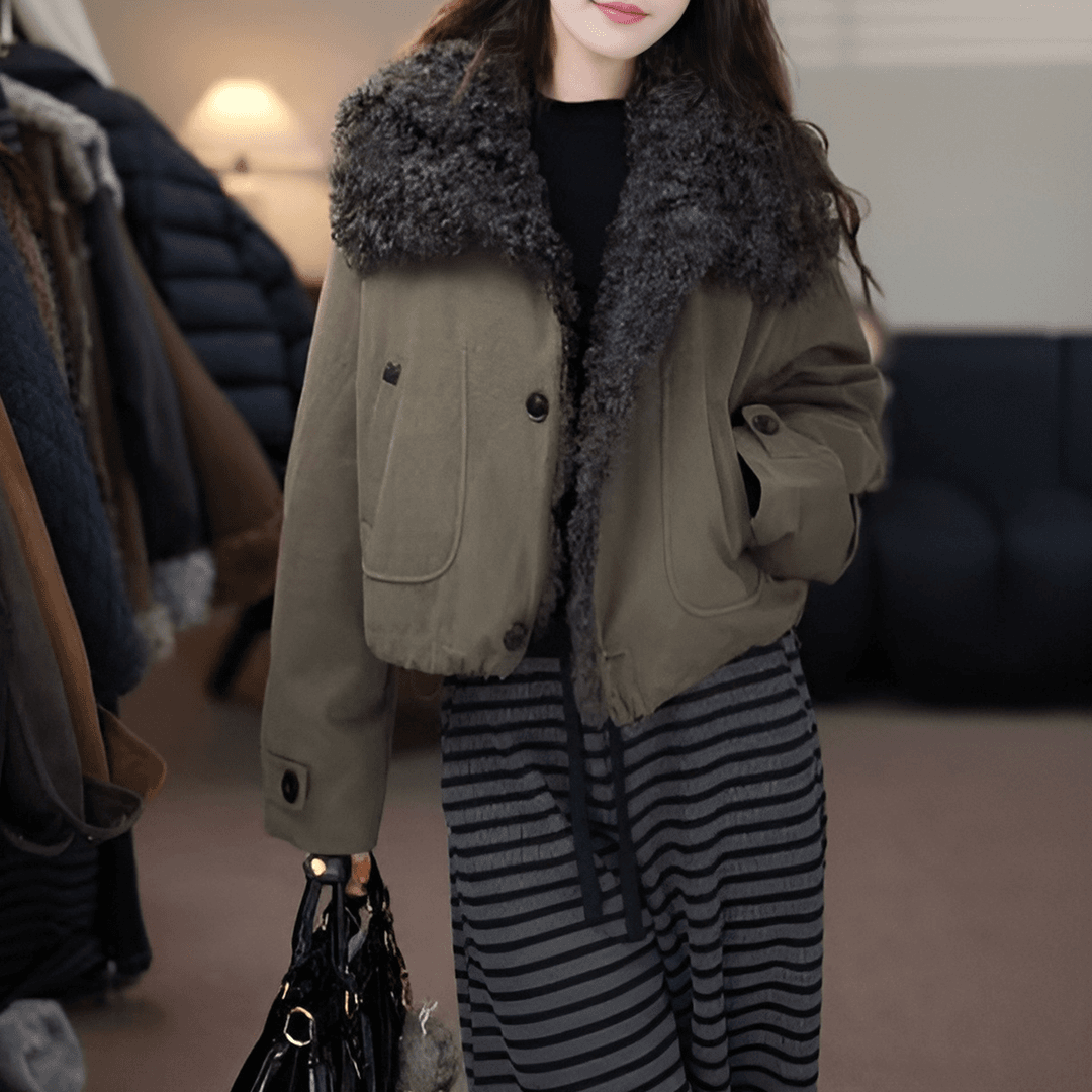 大翻领毛毛拼接棉服外套女冬季新款复古工装加厚保暖棉衣夹克上衣