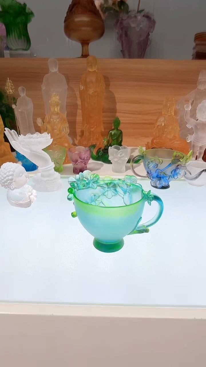手工艺品琉璃彩绿色花杯